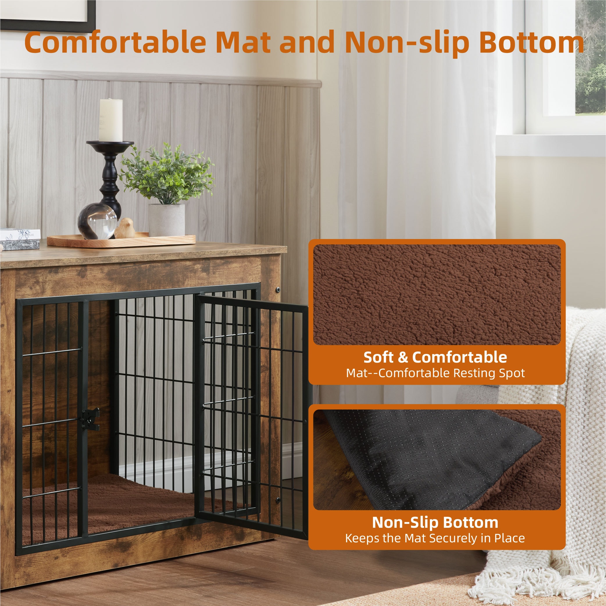 Dog Crate Furniture With Cushion, Wooden Dog Kennel Furniture, Heavy Duty Dog Cage, 40" Dog Kennel With Double Doors, Dog Crates For Large Dogs, Rustic Brown, L_voghion.com